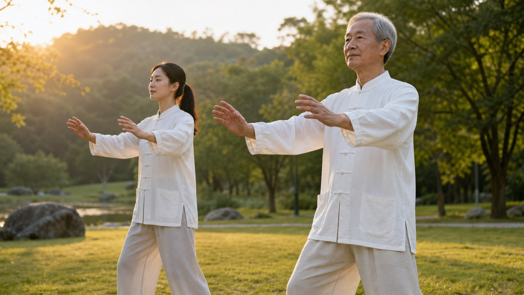 Qigong practice in a park at sunrise
