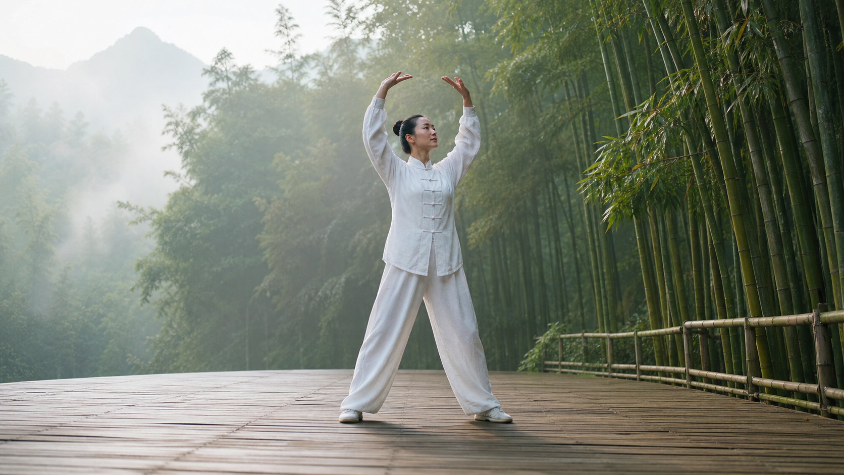 Person practicing the Eight Brocades qigong movement outdoors