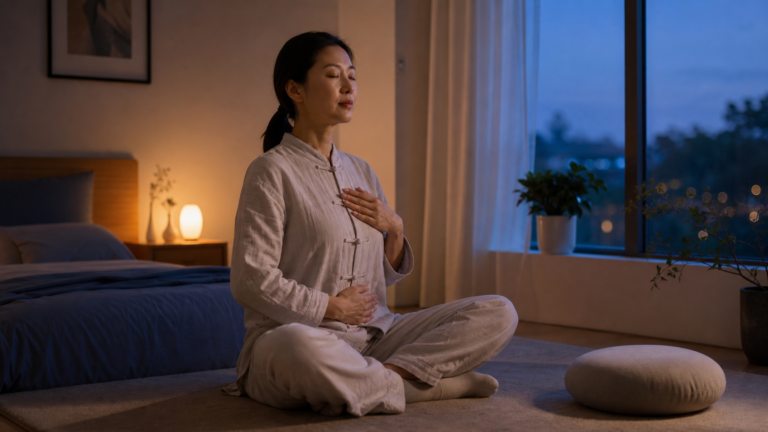 Seated evening qigong breathing practice in a softly lit room