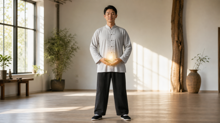 Qigong practitioner resting hands below the navel while explaining the lower dantian