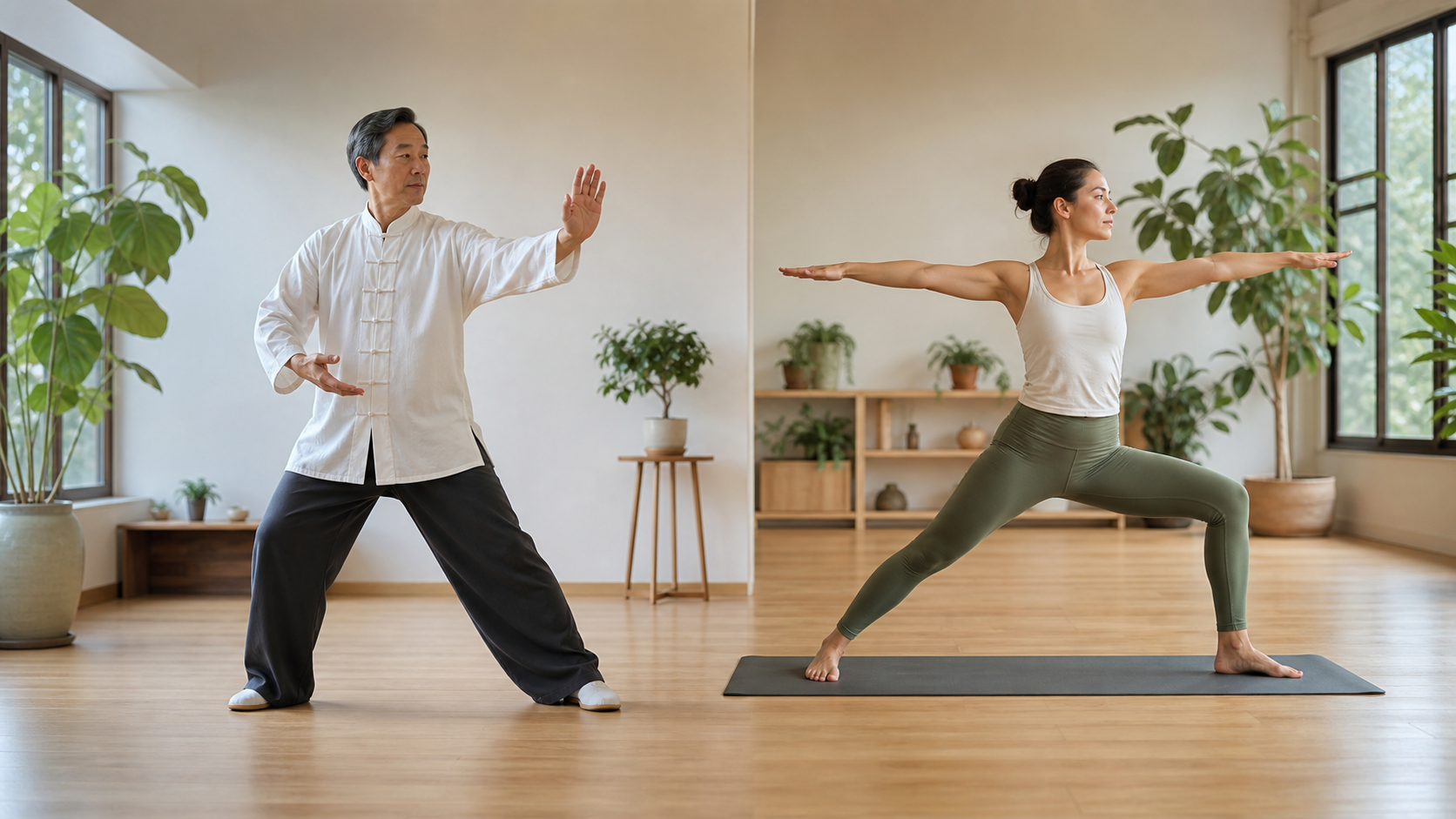 Two people practicing qigong and yoga in a bright studio