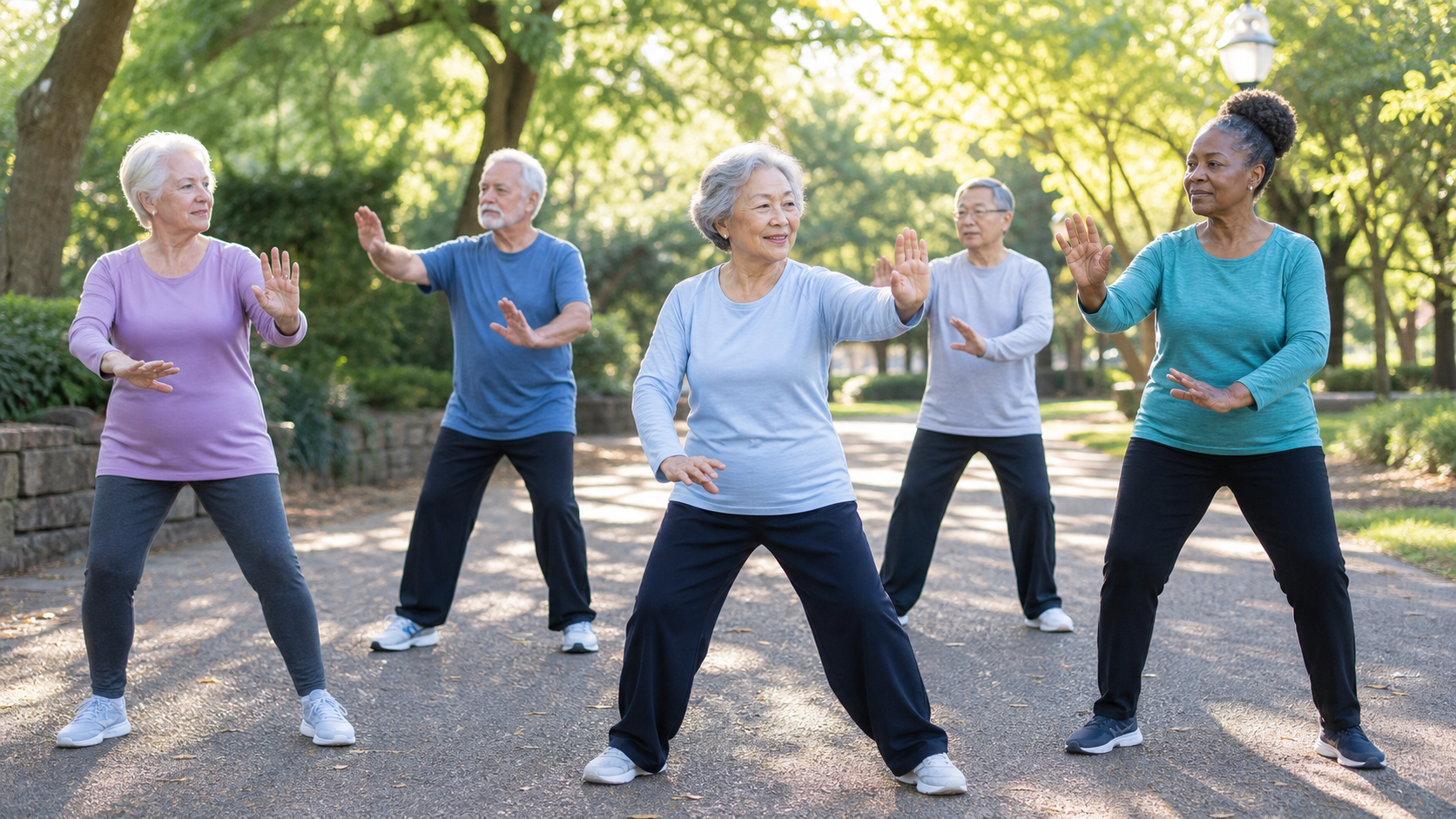 Older adults practicing tai chi together in a park