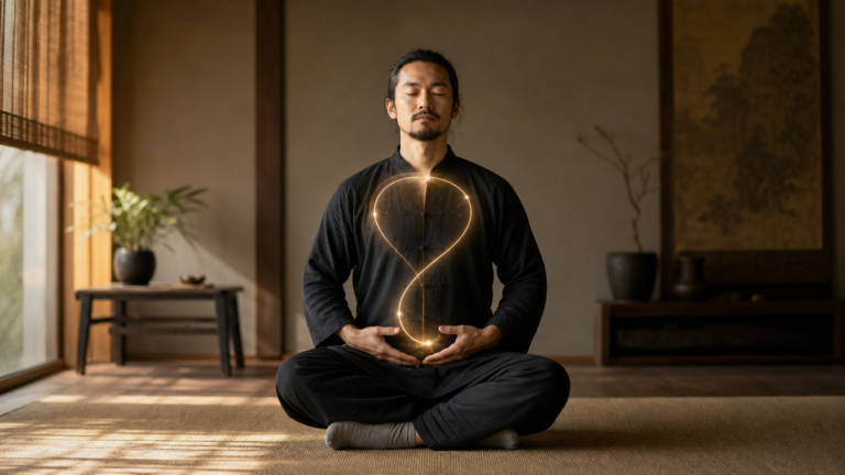 Person practicing seated meditation for the microcosmic orbit