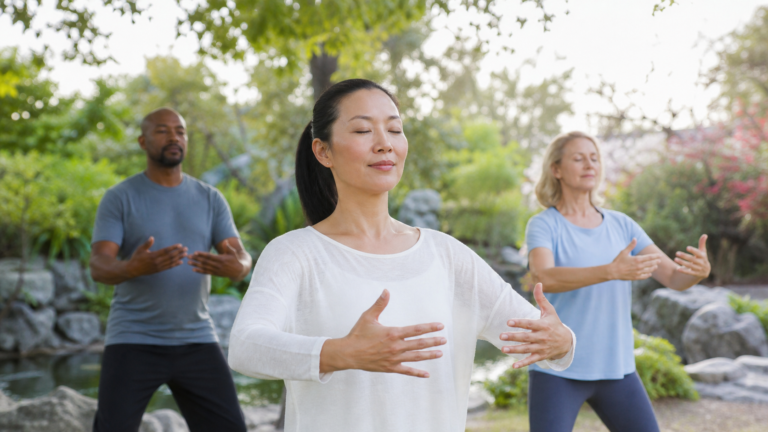 Adult practicing gentle qigong breathing in a peaceful garden
