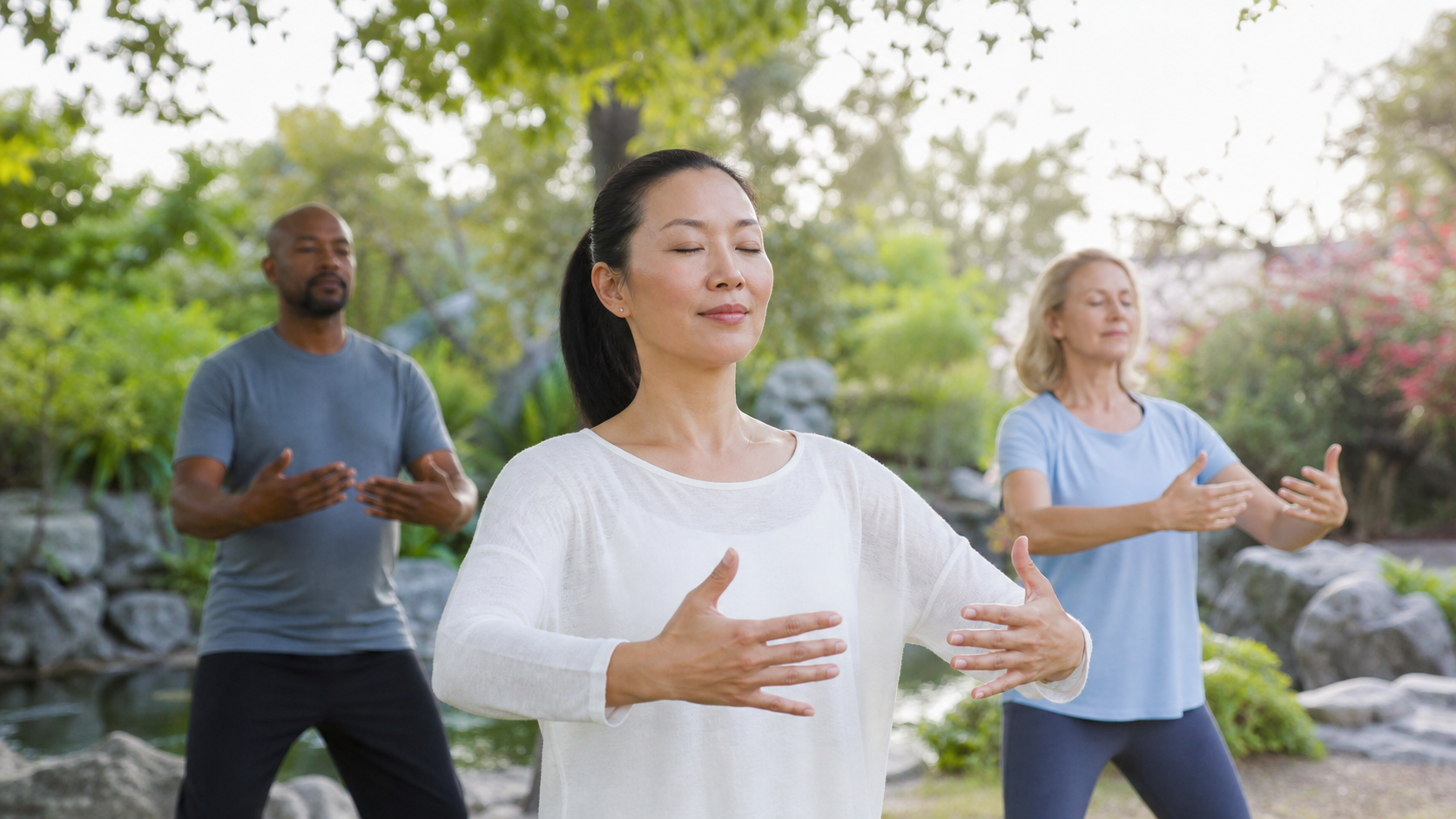 Adult practicing gentle qigong breathing in a peaceful garden