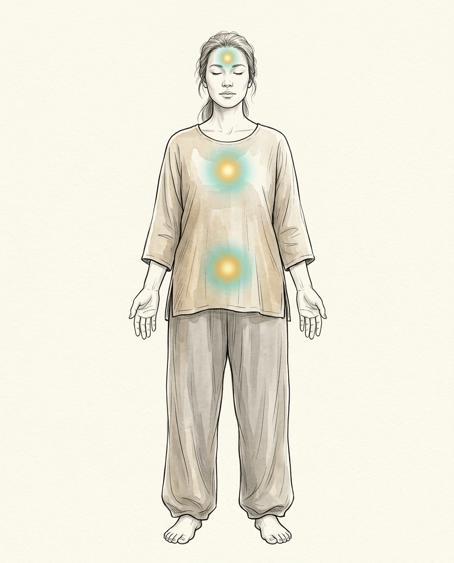 Refined educational illustration of the three traditional dantian practice centers