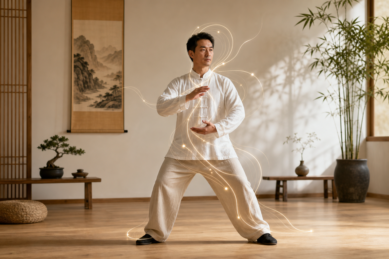 Qigong practitioner standing in a relaxed posture with subtle artistic lines suggesting traditional energy pathways
