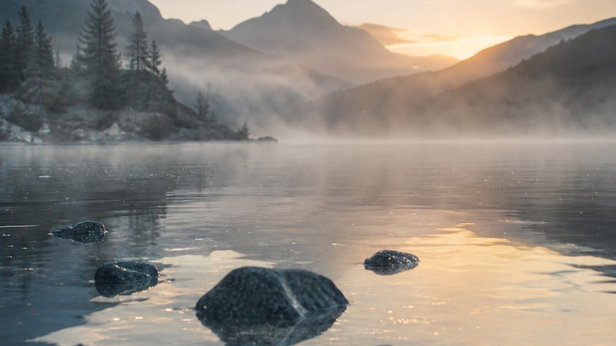 Mist rising from a still mountain lake at dawn, illustrating the Xi Sui Jing marrow washing practice taught by Sifu Dan Ferrera