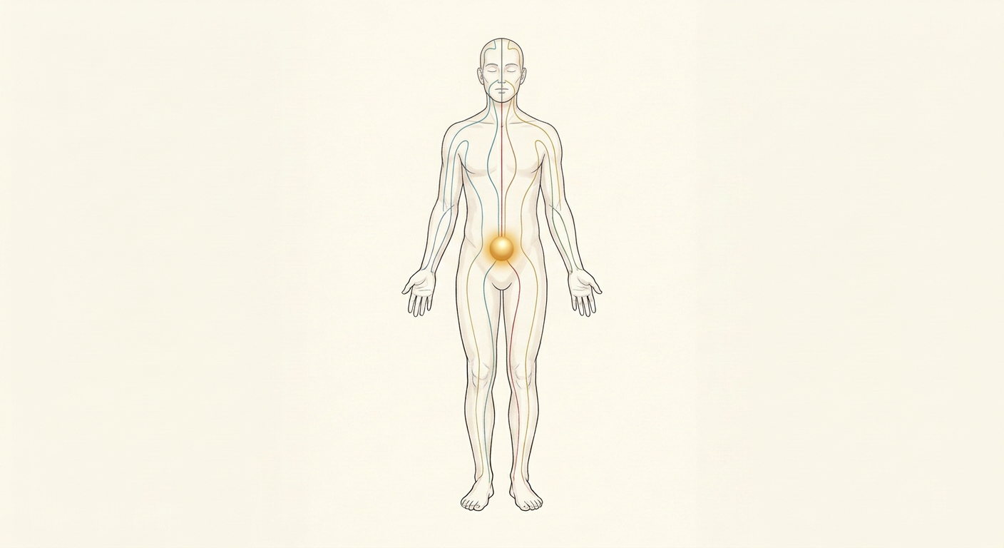 Refined educational illustration of one standing human figure with subtle traditional Qigong pathway lines