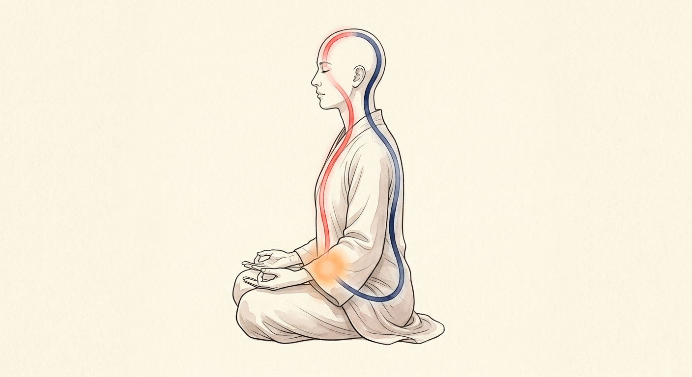 Refined educational illustration of a seated Microcosmic Orbit practice map
