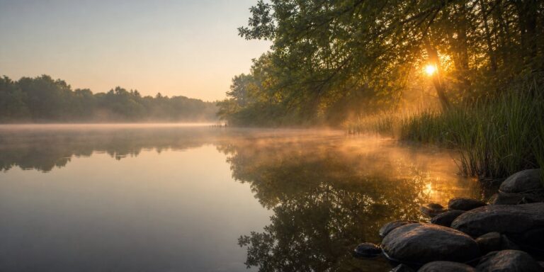 Mist rising from a still pond at sunrise, the calm outdoor setting traditionally used for morning Qigong practice