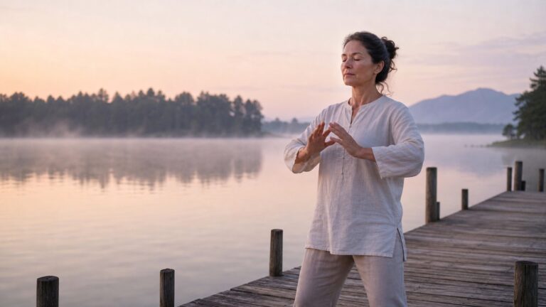 Woman practicing calm Qigong at dawn on a lakeside dock