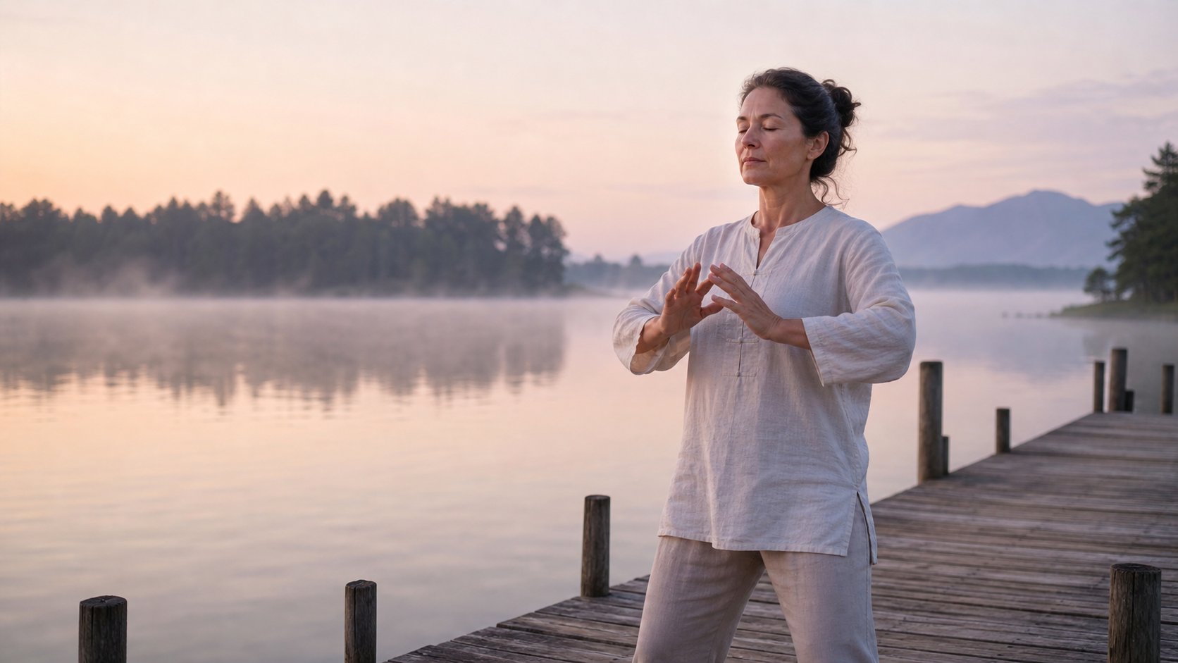 Woman practicing calm Qigong at dawn on a lakeside dock