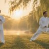Qigong standing meditation posture beside a flowing Tai Chi movement at sunrise