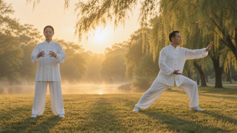 Qigong standing meditation posture beside a flowing Tai Chi movement at sunrise
