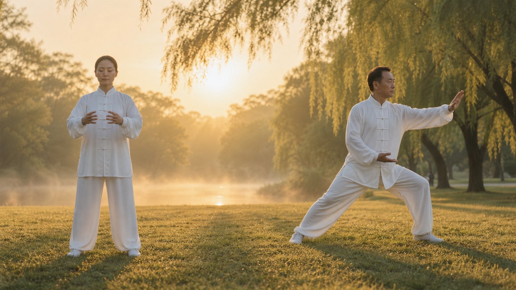 Qigong standing meditation posture beside a flowing Tai Chi movement at sunrise