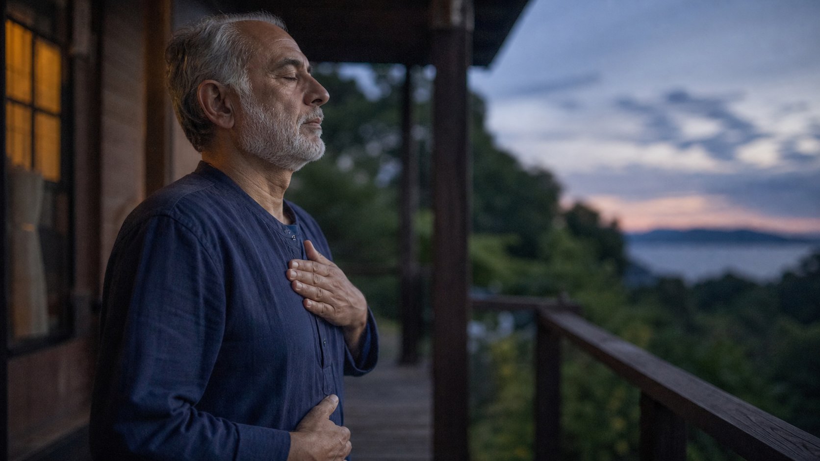 Older man practicing deep diaphragmatic breathing on a porch at dusk