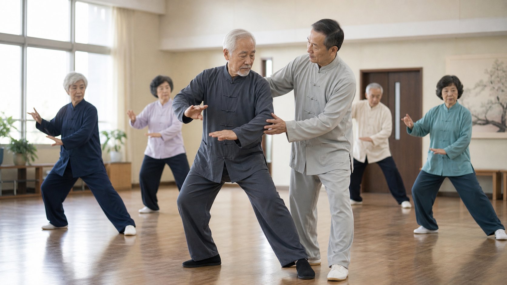 Instructor guiding an elderly man's balance in a community Tai Chi class