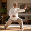 Older man practicing Tai Chi in a sunlit living room
