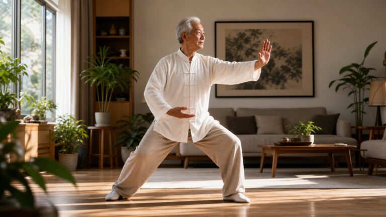 Older man practicing Tai Chi in a sunlit living room