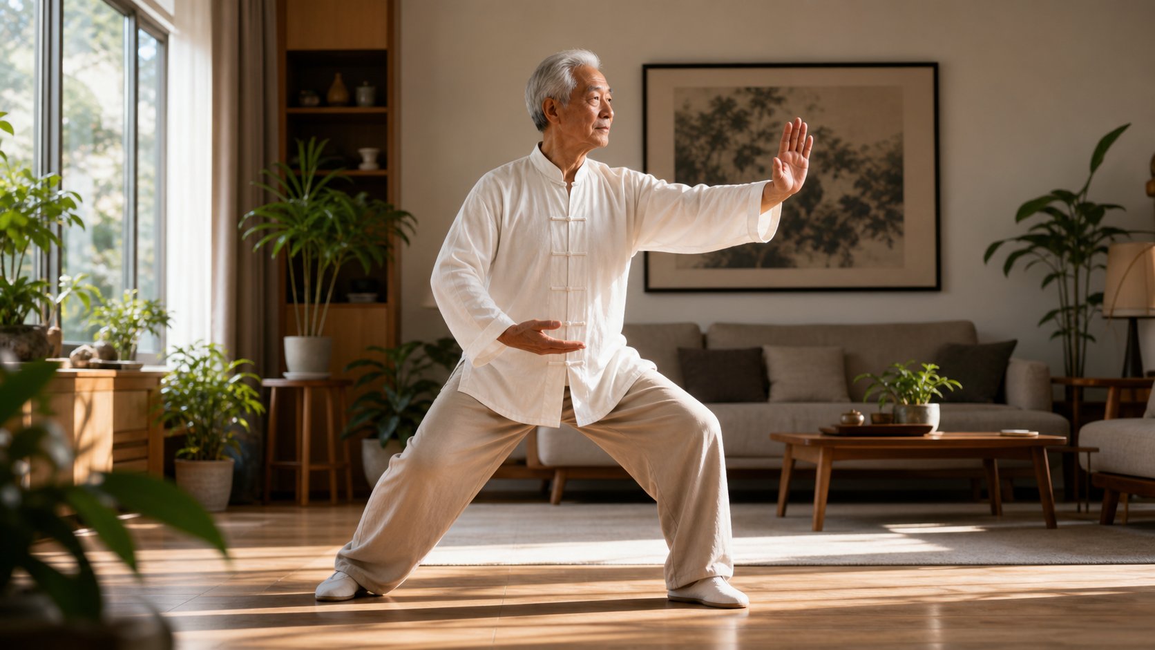 Older man practicing Tai Chi in a sunlit living room