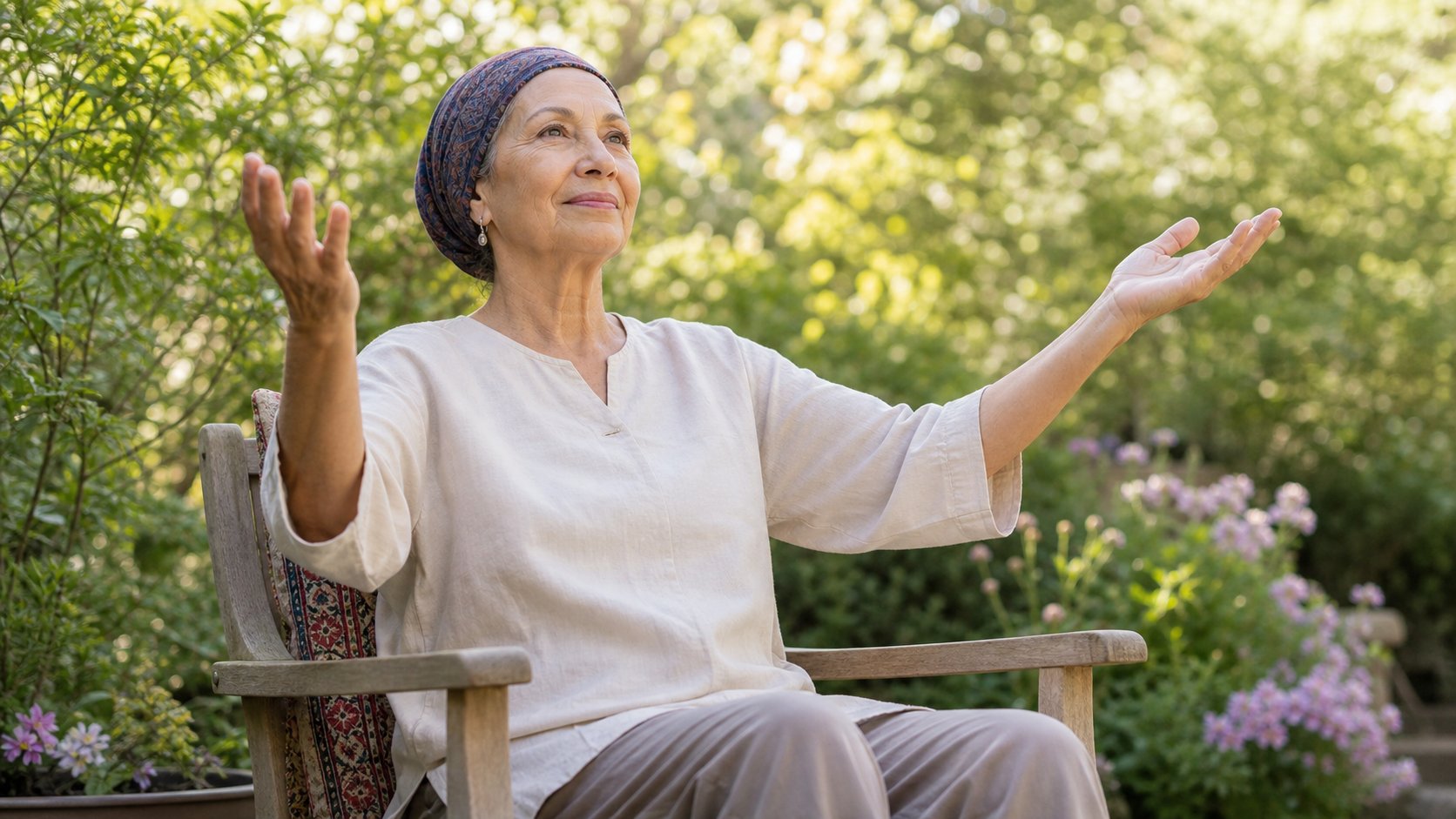 Woman in a headscarf practicing gentle seated Qigong in a garden