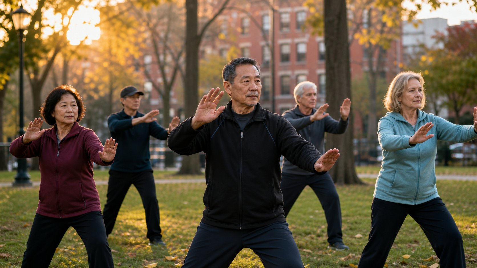 Group of adults practicing Tai Chi and Qigong outdoors in a Boston park
