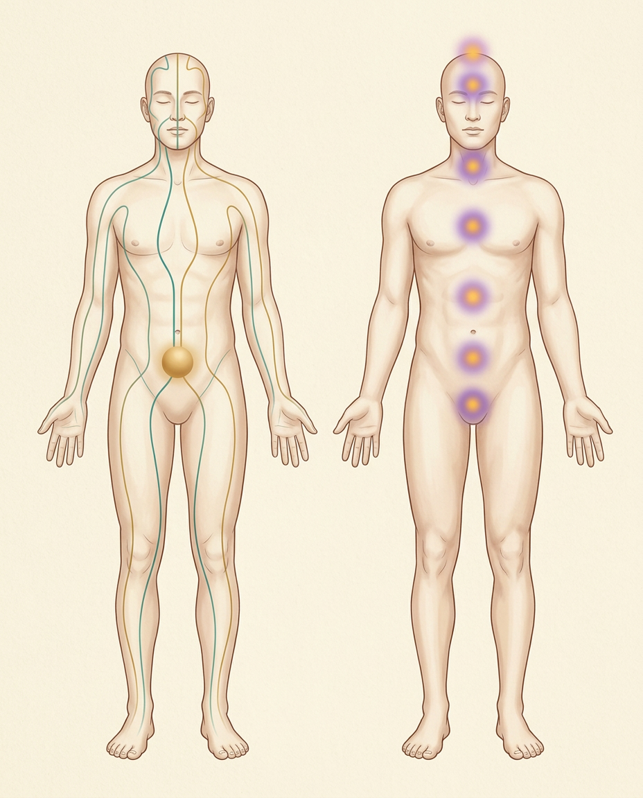 Refined comparison illustration of Qigong and yoga contemplative maps