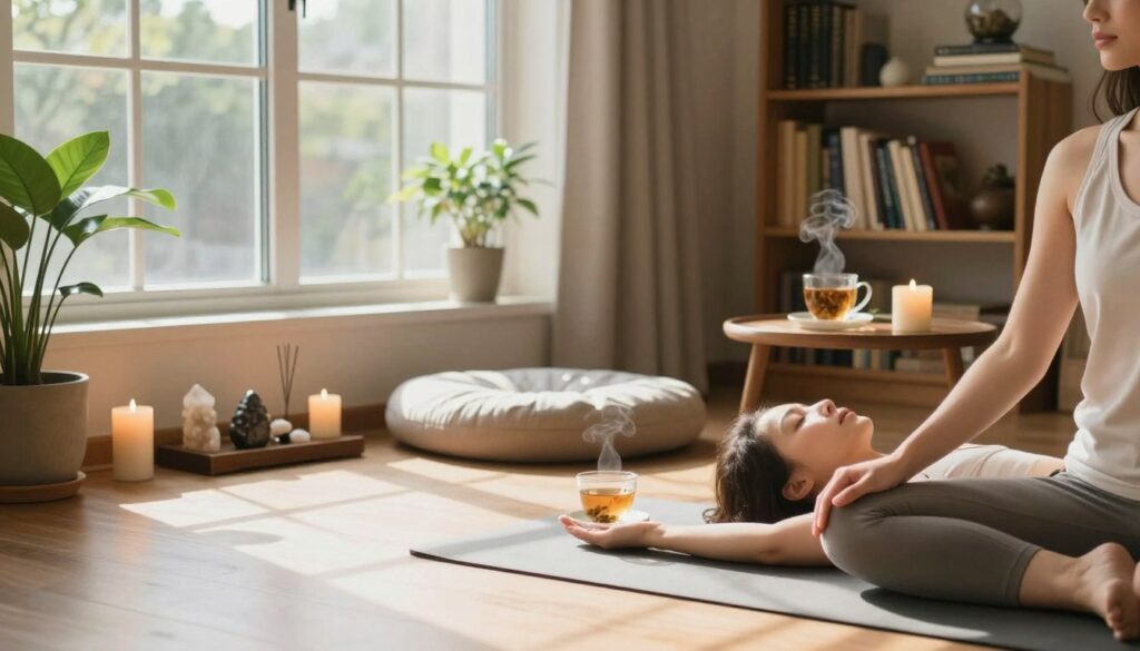 A person makes time for regular yoga and meditation at home A person makes time for regular yoga and meditation at home