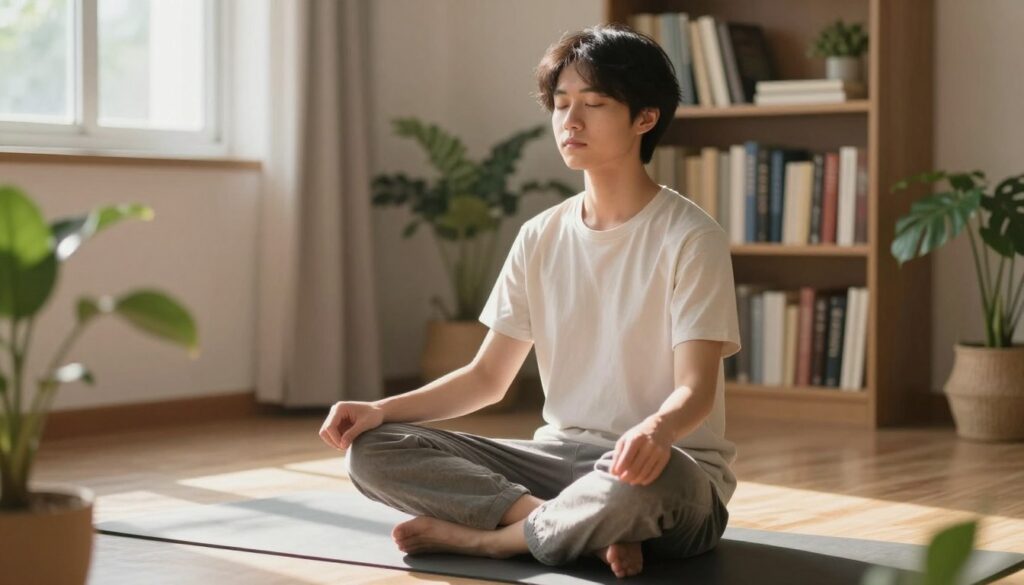 A student pausing meditation to seek calm support and guidance A student pausing meditation to seek calm support and guidance